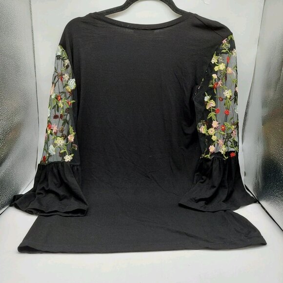 Milan Kiss Women's Shirt Size XL Black Top Embroidered Mesh Sleeve - Picture 2 of 9